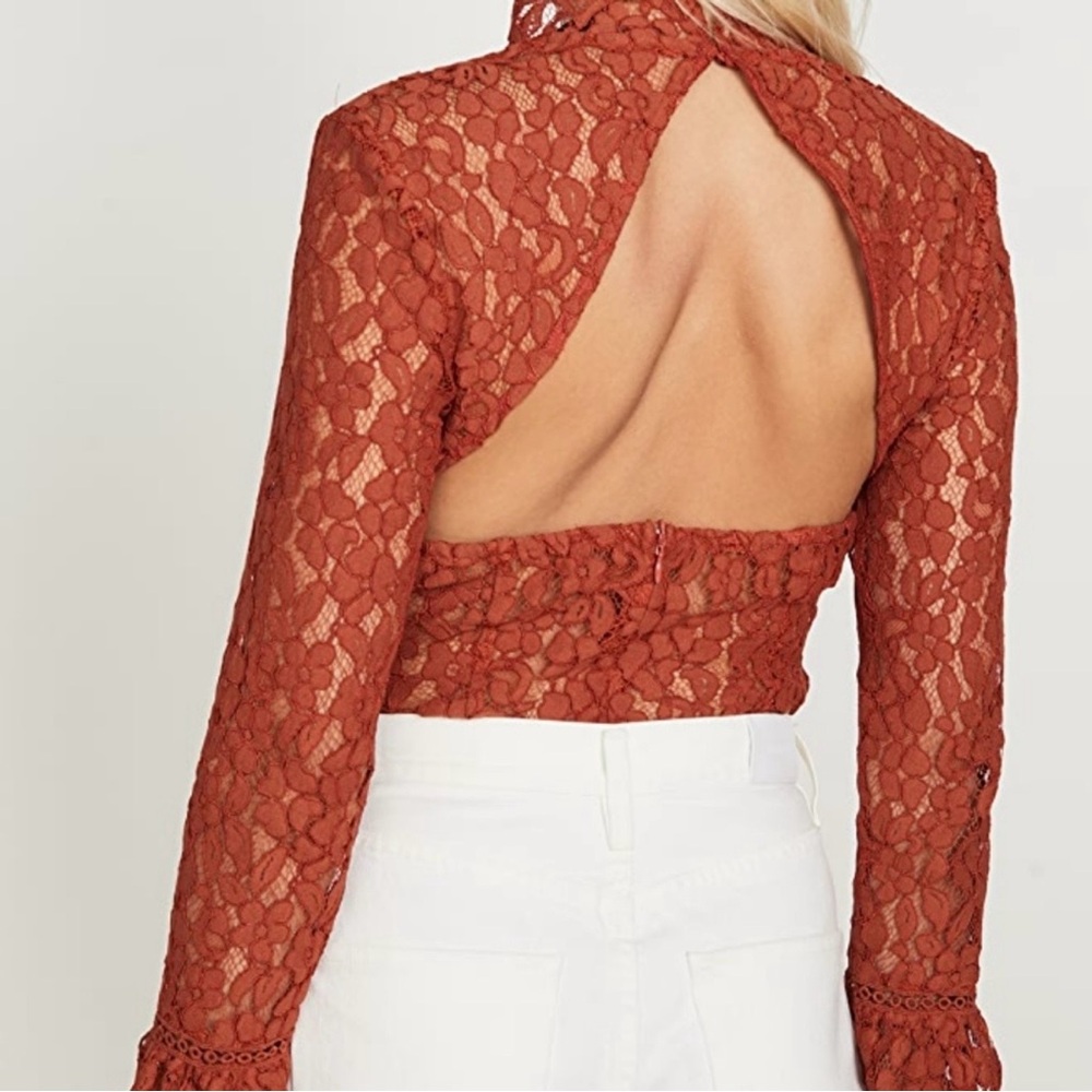 Endless Rose NWT Women’s Rust Orange Lace Long Bell Sleeve Bodysuit Size Large. - Picture 7 of 16